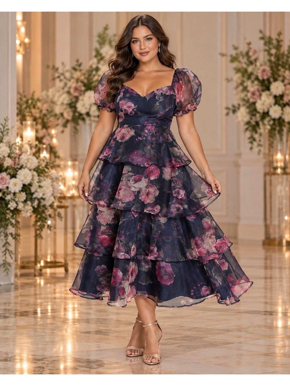 Lulus Oh-So Stunning Navy Floral Organza Tiered Midi Dress XXL NWT